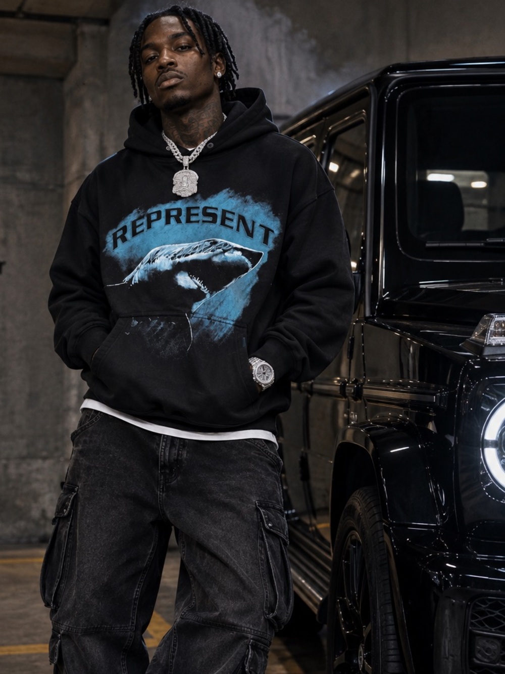 Represent Hoodie with Blue Shark Graphic - Men's Pullover